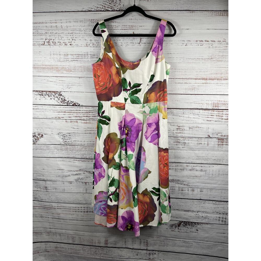 Calvin Klein White Floral Fit-and-Flare Dress with Purple & Orange Roses